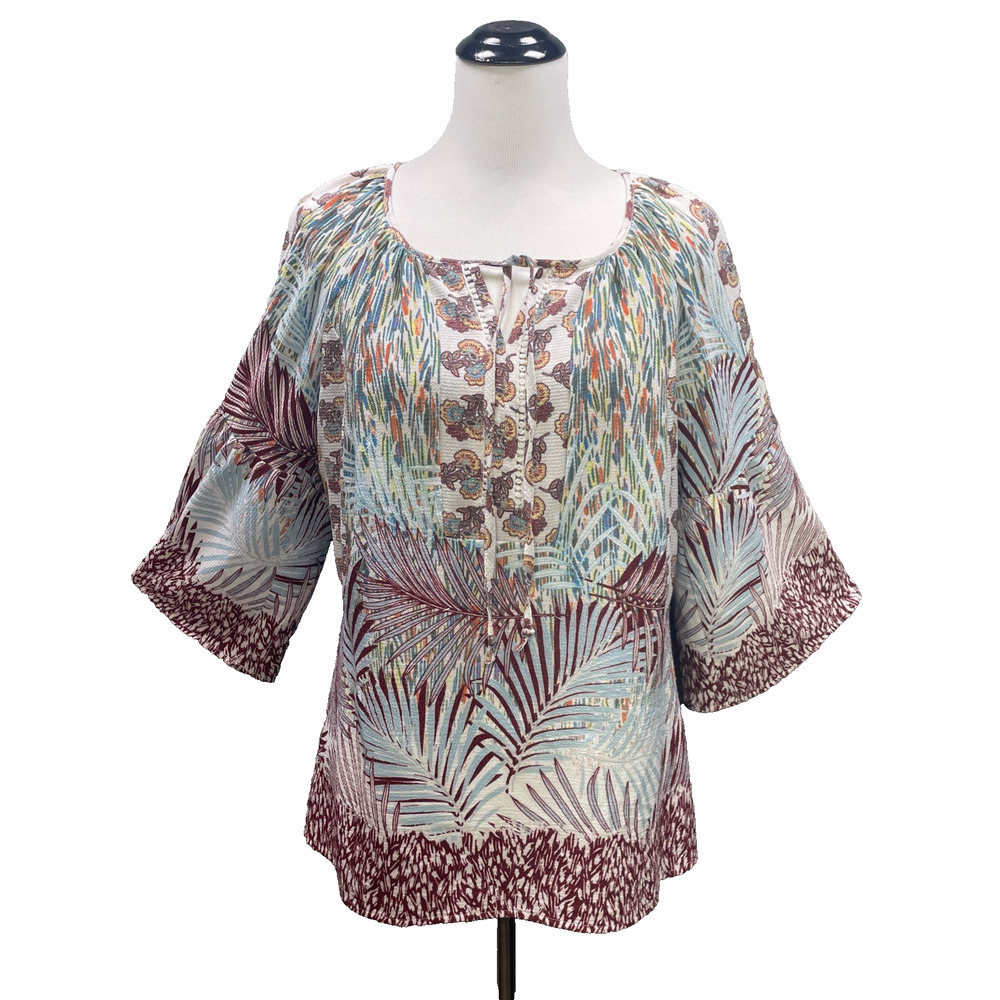 Figueroa & Flower Womens L Floral Palm Print Boho Tunic Kimono Slv Coconut Girl